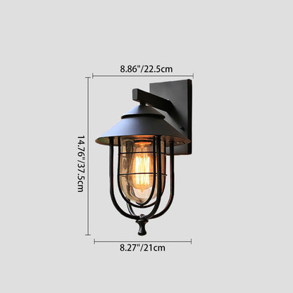 Contemporary Industrial Iron & Glass Caged Cylinder 1-Light Wall Sconce Lamp For Outdoor Patio