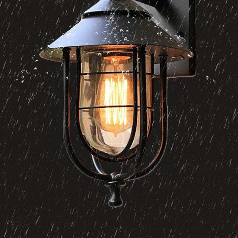 Contemporary Industrial Iron & Glass Caged Cylinder 1-Light Wall Sconce Lamp For Outdoor Patio