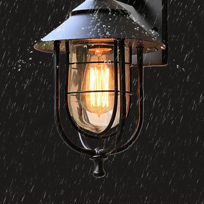 Contemporary Industrial Iron & Glass Caged Cylinder 1-Light Wall Sconce Lamp For Outdoor Patio