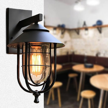 Contemporary Industrial Iron & Glass Caged Cylinder 1-Light Wall Sconce Lamp For Outdoor Patio