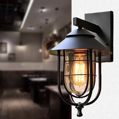 Contemporary Industrial Iron & Glass Caged Cylinder 1-Light Wall Sconce Lamp For Outdoor Patio