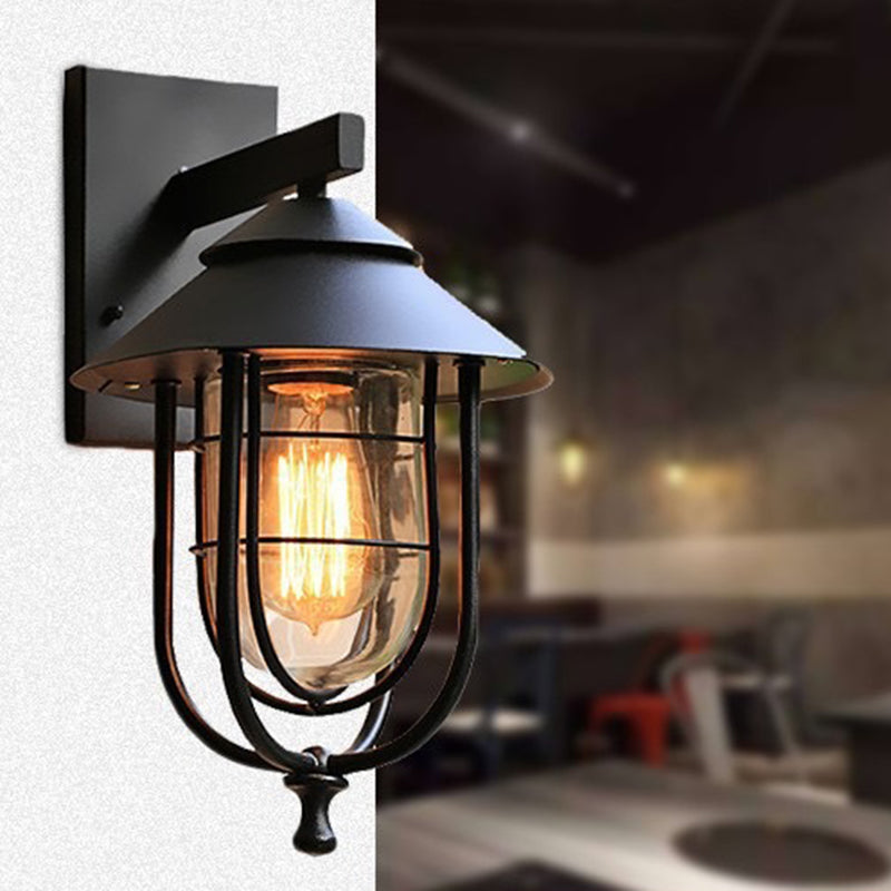 Contemporary Industrial Iron & Glass Caged Cylinder 1-Light Wall Sconce Lamp For Outdoor Patio
