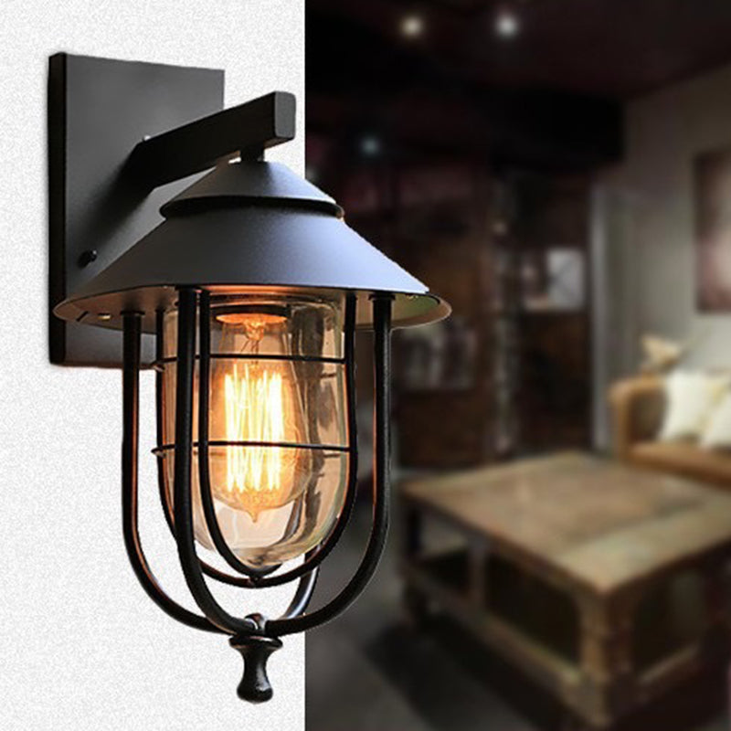 Contemporary Industrial Iron & Glass Caged Cylinder 1-Light Wall Sconce Lamp For Outdoor Patio