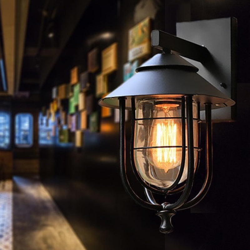Contemporary Industrial Iron & Glass Caged Cylinder 1-Light Wall Sconce Lamp For Outdoor Patio