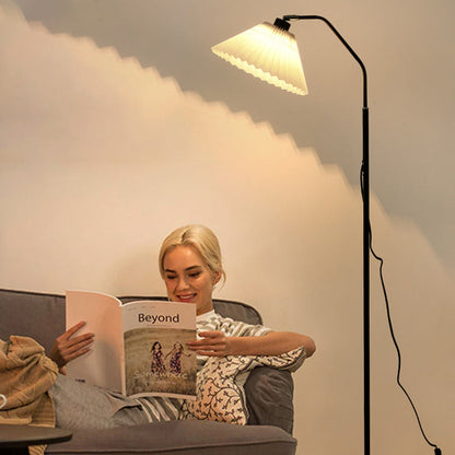 Modern Minimalist Iron & Fabric Pleated Cylinder 1-Light Standing Floor Lamp For Living Room