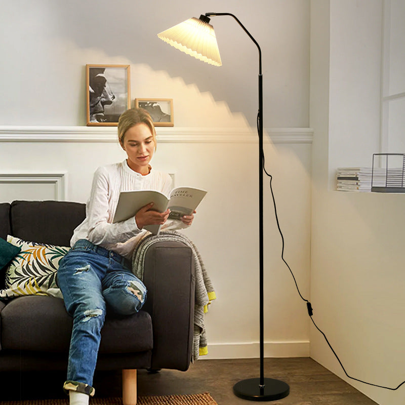 Modern Minimalist Iron & Fabric Pleated Cylinder 1-Light Standing Floor Lamp For Living Room