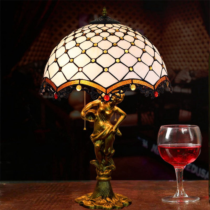 Traditional Tiffany Alloy & Stained Glass Dome Lady Sculpture Base 3-Light Table Lamp For Living Room