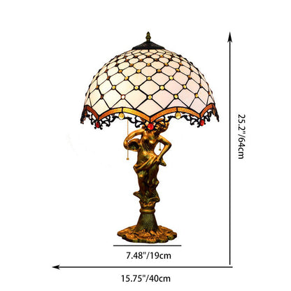 Traditional Tiffany Alloy & Stained Glass Dome Lady Sculpture Base 3-Light Table Lamp For Living Room