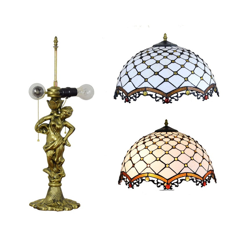 Traditional Tiffany Alloy & Stained Glass Dome Lady Sculpture Base 3-Light Table Lamp For Living Room