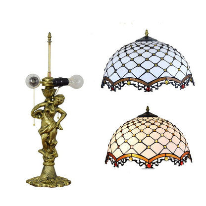 Traditional Tiffany Alloy & Stained Glass Dome Lady Sculpture Base 3-Light Table Lamp For Living Room