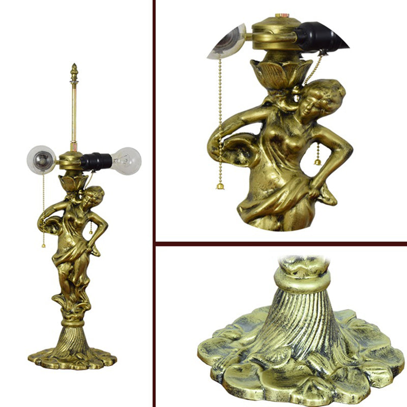 Traditional Tiffany Alloy & Stained Glass Dome Lady Sculpture Base 3-Light Table Lamp For Living Room