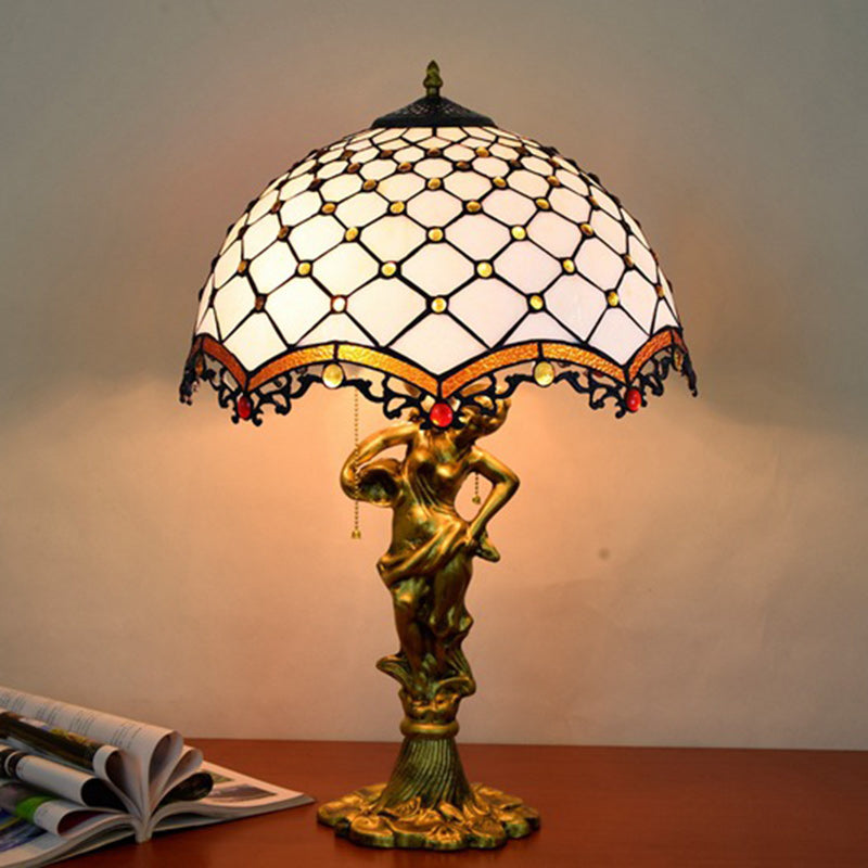 Traditional Tiffany Alloy & Stained Glass Dome Lady Sculpture Base 3-Light Table Lamp For Living Room