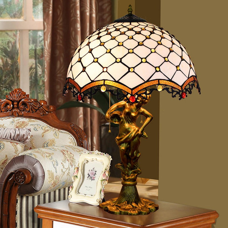 Traditional Tiffany Alloy & Stained Glass Dome Lady Sculpture Base 3-Light Table Lamp For Living Room
