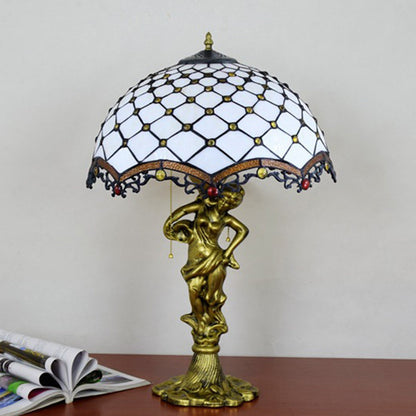 Traditional Tiffany Alloy & Stained Glass Dome Lady Sculpture Base 3-Light Table Lamp For Living Room