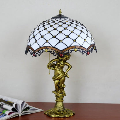 Traditional Tiffany Alloy & Stained Glass Dome Lady Sculpture Base 3-Light Table Lamp For Living Room
