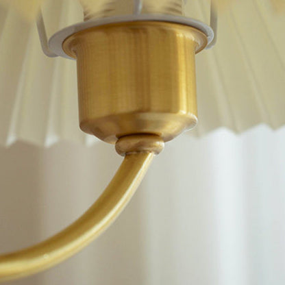 Modern Mid-Century Brass & Wood PVC Pleated Round Shade 3/5-Light Chandelier For Living Room
