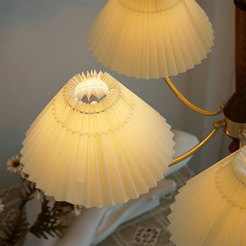 Modern Mid-Century Brass & Wood PVC Pleated Round Shade 3/5-Light Chandelier For Living Room