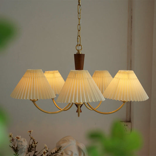 Modern Mid-Century Brass & Wood PVC Pleated Round Shade 3/5-Light Chandelier For Living Room