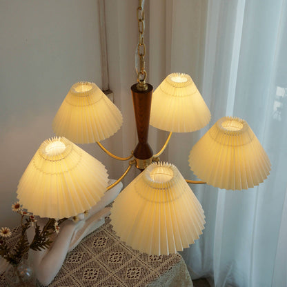 Modern Mid-Century Brass & Wood PVC Pleated Round Shade 3/5-Light Chandelier For Living Room