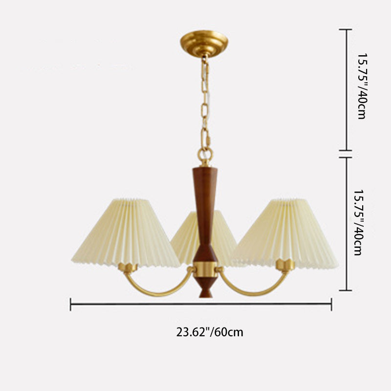 Modern Mid-Century Brass & Wood PVC Pleated Round Shade 3/5-Light Chandelier For Living Room