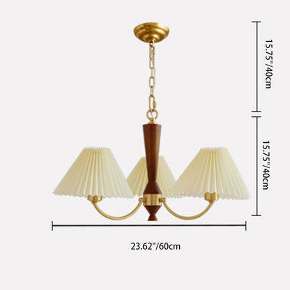 Modern Mid-Century Brass & Wood PVC Pleated Round Shade 3/5-Light Chandelier For Living Room