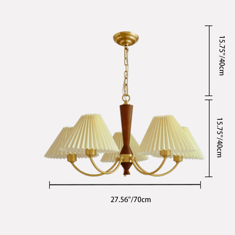 Modern Mid-Century Brass & Wood PVC Pleated Round Shade 3/5-Light Chandelier For Living Room