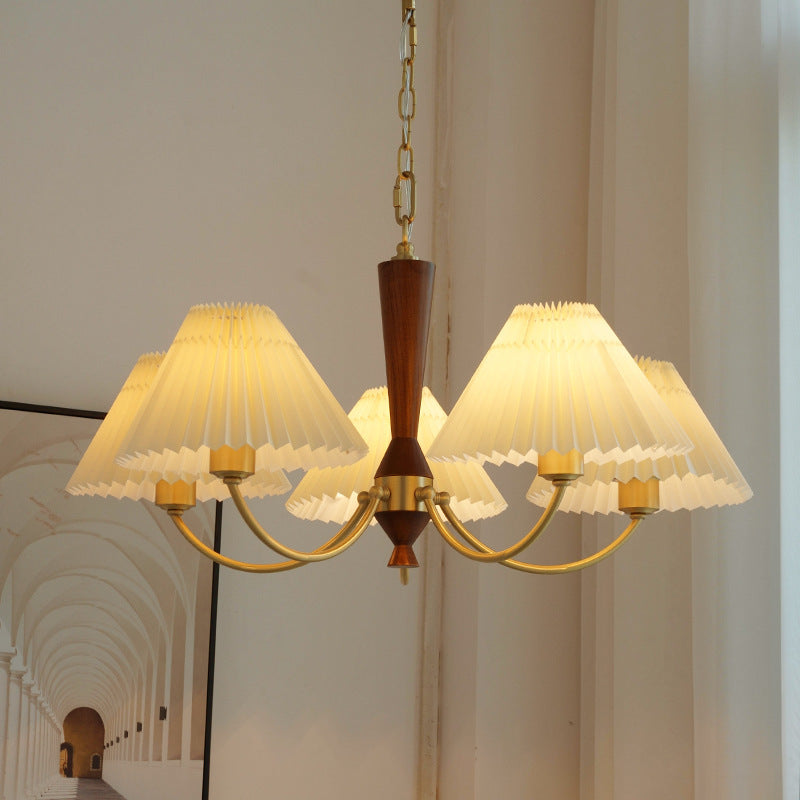 Modern Mid-Century Brass & Wood PVC Pleated Round Shade 3/5-Light Chandelier For Living Room