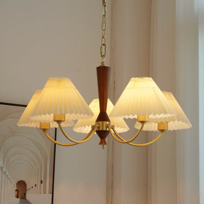 Modern Mid-Century Brass & Wood PVC Pleated Round Shade 3/5-Light Chandelier For Living Room