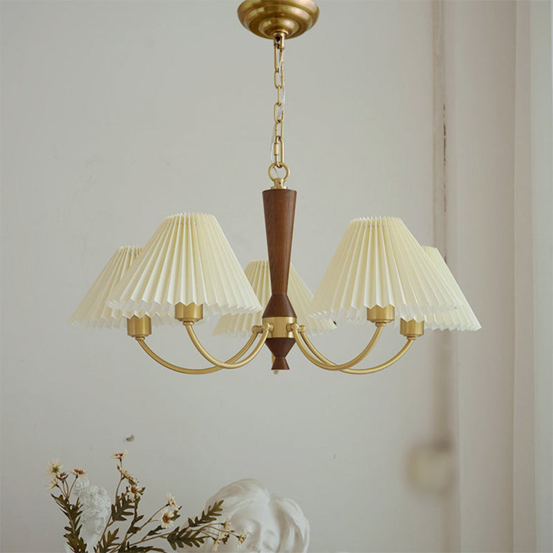 Modern Mid-Century Brass & Wood PVC Pleated Round Shade 3/5-Light Chandelier For Living Room