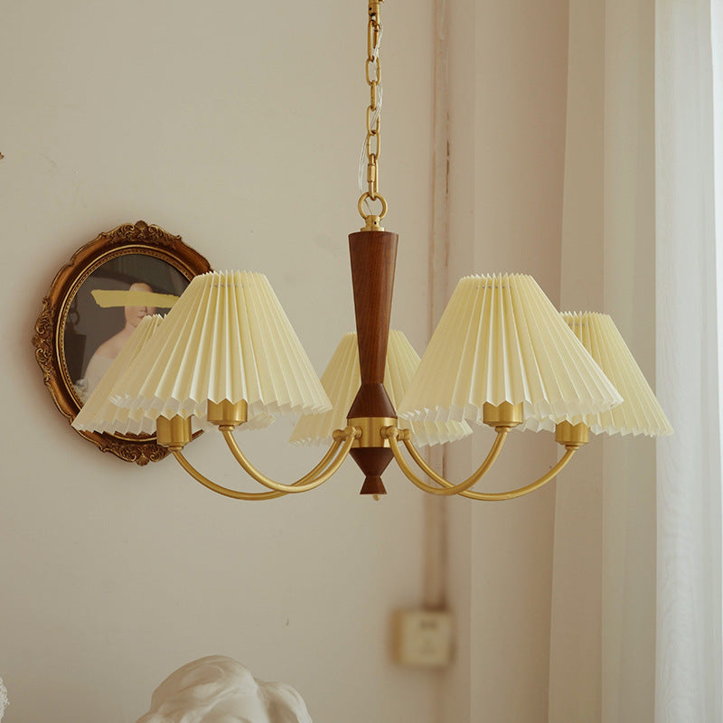 Modern Mid-Century Brass & Wood PVC Pleated Round Shade 3/5-Light Chandelier For Living Room