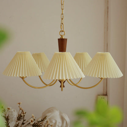 Modern Mid-Century Brass & Wood PVC Pleated Round Shade 3/5-Light Chandelier For Living Room