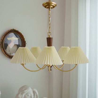 Modern Mid-Century Brass & Wood PVC Pleated Round Shade 3/5-Light Chandelier For Living Room