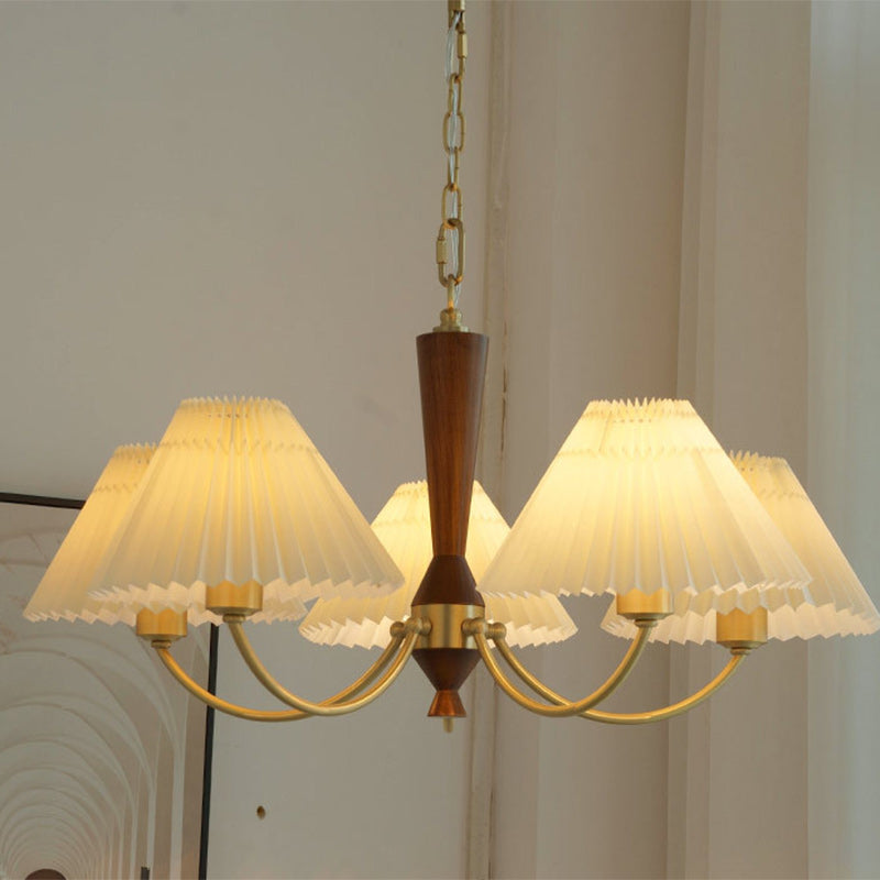 Modern Mid-Century Brass & Wood PVC Pleated Round Shade 3/5-Light Chandelier For Living Room