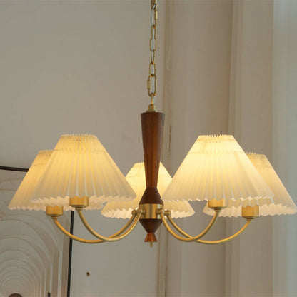 Modern Mid-Century Brass & Wood PVC Pleated Round Shade 3/5-Light Chandelier For Living Room