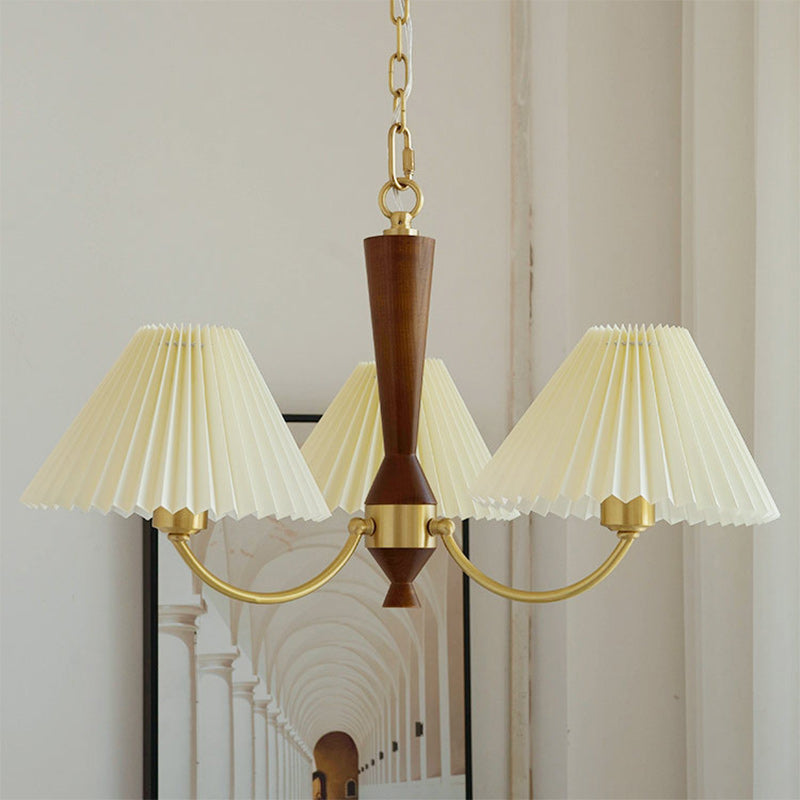 Modern Mid-Century Brass & Wood PVC Pleated Round Shade 3/5-Light Chandelier For Living Room