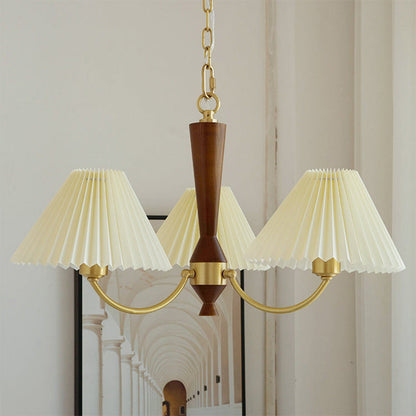 Modern Mid-Century Brass & Wood PVC Pleated Round Shade 3/5-Light Chandelier For Living Room