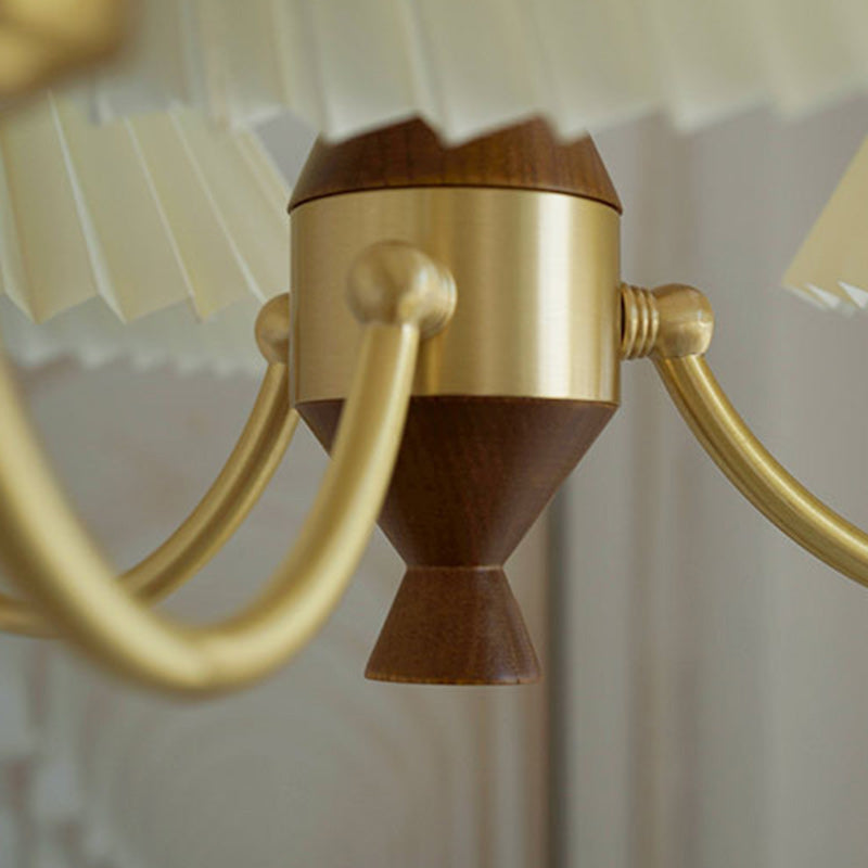 Modern Mid-Century Brass & Wood PVC Pleated Round Shade 3/5-Light Chandelier For Living Room
