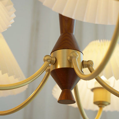 Modern Mid-Century Brass & Wood PVC Pleated Round Shade 3/5-Light Chandelier For Living Room