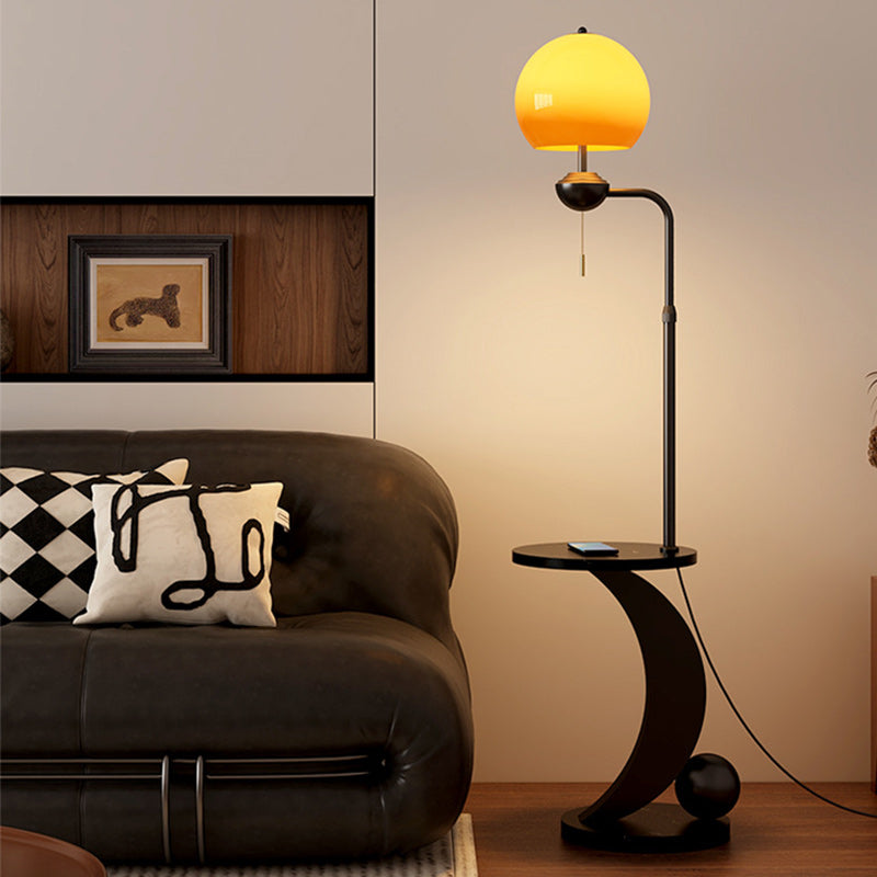 Modern Mid-Century Iron Glass Resin Round Shade 1-Light Standing Floor Lamp For Bedroom