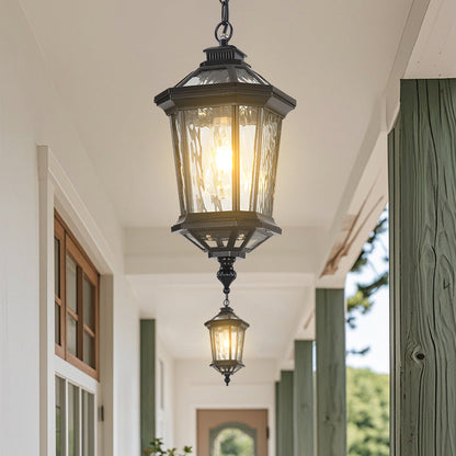Traditional Vintage Aluminum & Ripple Glass Octagonal 1-Light Pendant Light For Outdoor Patio