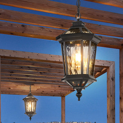 Traditional Vintage Aluminum & Ripple Glass Octagonal 1-Light Pendant Light For Outdoor Patio