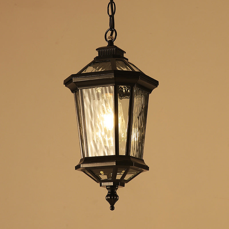 Traditional Vintage Aluminum & Ripple Glass Octagonal 1-Light Pendant Light For Outdoor Patio