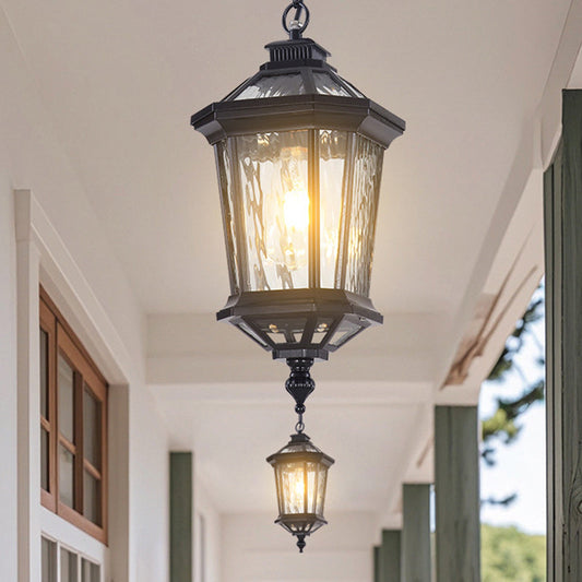 Traditional Vintage Aluminum & Ripple Glass Octagonal 1-Light Pendant Light For Outdoor Patio