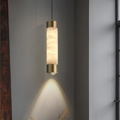 寝室に最適な、現代的な高級真鍮とアラバスター製のシリンダー型LEDペンダントライト