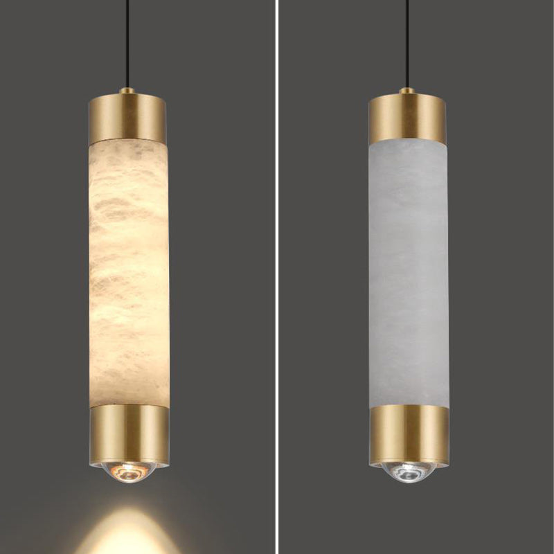 寝室に最適な、現代的な高級真鍮とアラバスター製のシリンダー型LEDペンダントライト