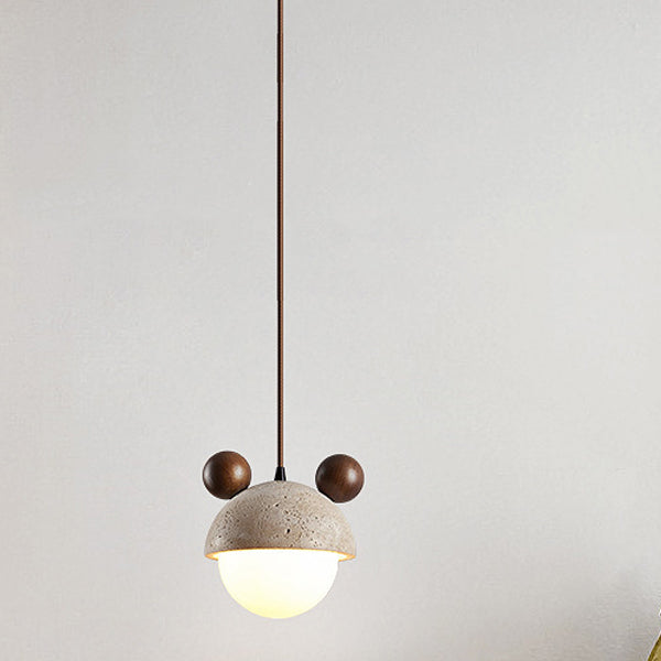 Traditional Japanese Travertine Wood Globe 1-Light Pendant Light For Bedroom