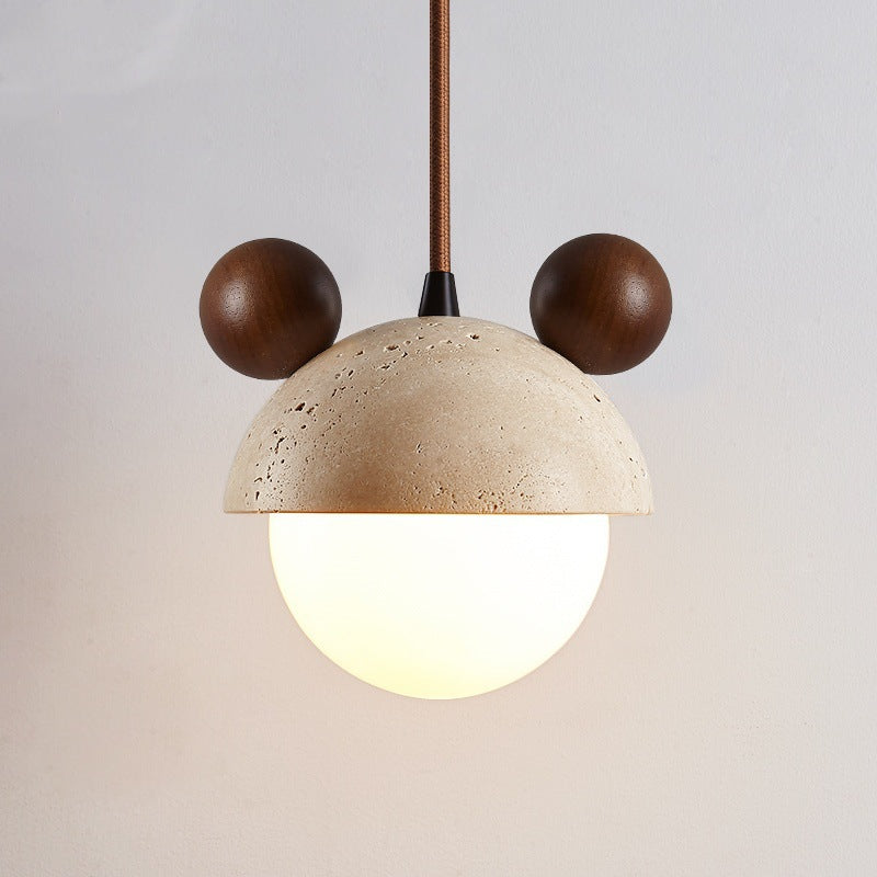 Traditional Japanese Travertine Wood Globe 1-Light Pendant Light For Bedroom