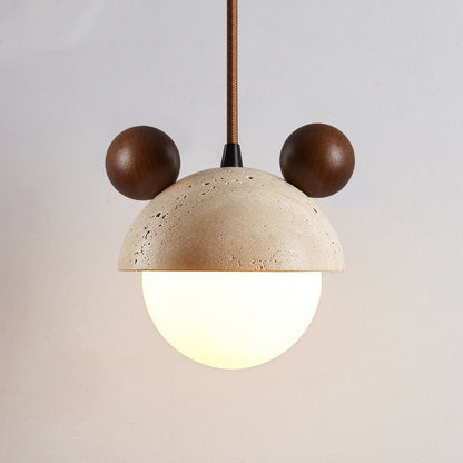 Traditional Japanese Travertine Wood Globe 1-Light Pendant Light For Bedroom