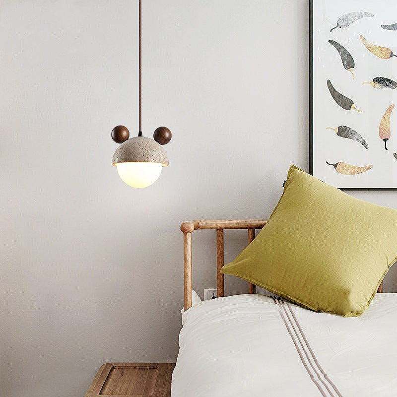 Traditional Japanese Travertine Wood Globe 1-Light Pendant Light For Bedroom