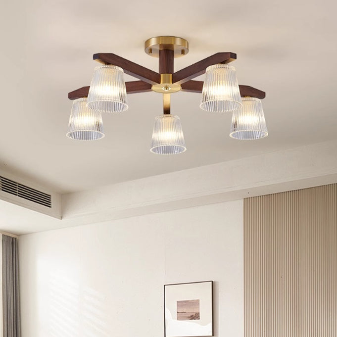 Traditional Chinese Copper Wood Glass Branch Globe Cylinder 5/6/8/10 Light Semi-Flush Mount Ceiling Light For Living Room